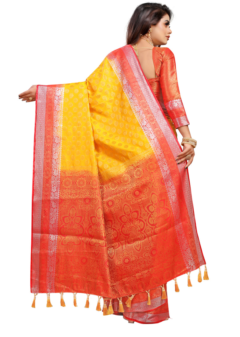 YELLOW-RED JACQUARD BALATON SILK SAREE WITH GOLD JARI BUTTI