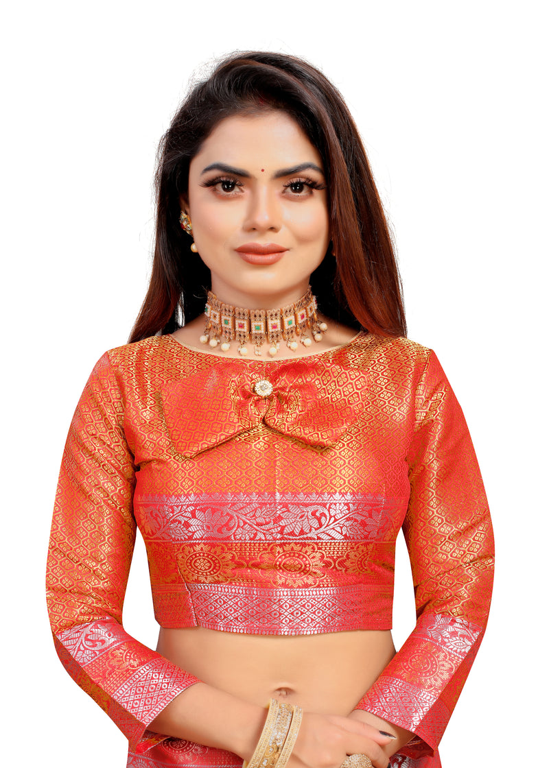 YELLOW-RED JACQUARD BALATON SILK SAREE WITH GOLD JARI BUTTI