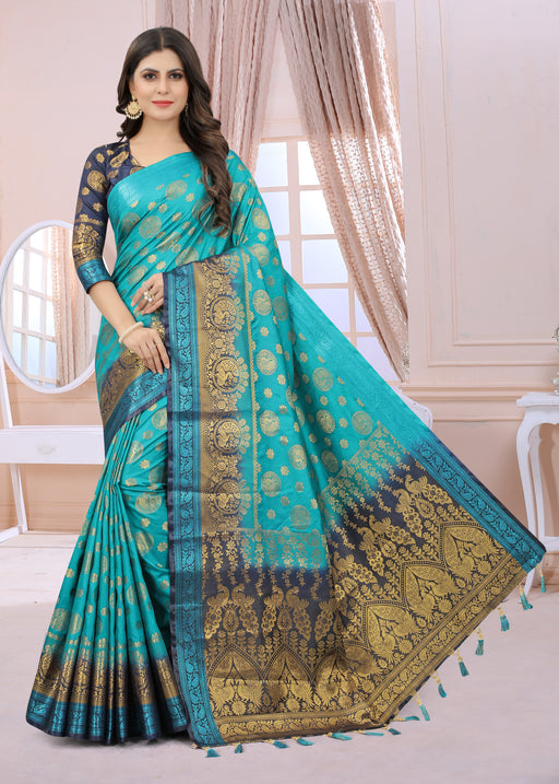 SKY-NAVY BLUE JACQUARD BALATON SILK SAREE WITH GOLD JARI BUTTI
