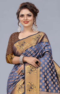 GREY JACQUARD RAW SILK SAREE WITH GOLD JARI BUTTI