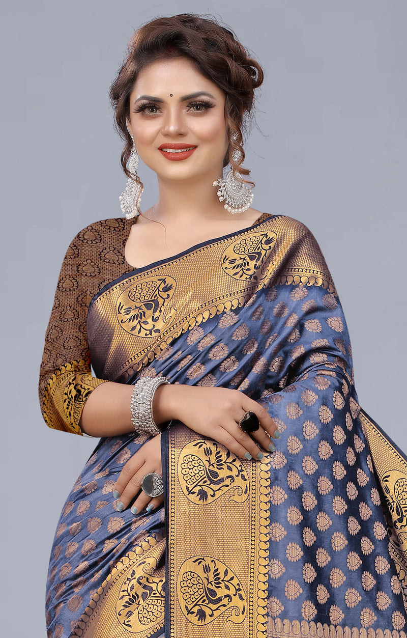 GREY JACQUARD RAW SILK SAREE WITH GOLD JARI BUTTI