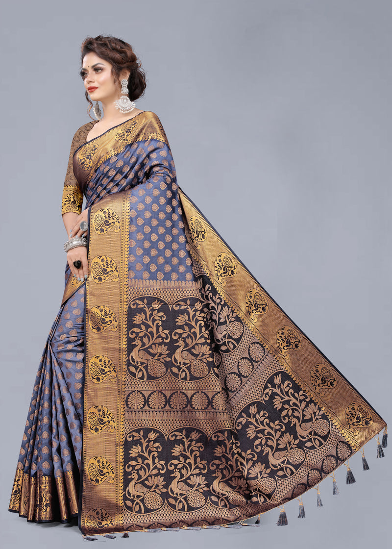 GREY JACQUARD RAW SILK SAREE WITH GOLD JARI BUTTI