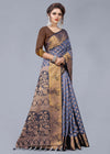 GREY JACQUARD RAW SILK SAREE WITH GOLD JARI BUTTI