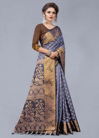 GREY JACQUARD RAW SILK SAREE WITH GOLD JARI BUTTI