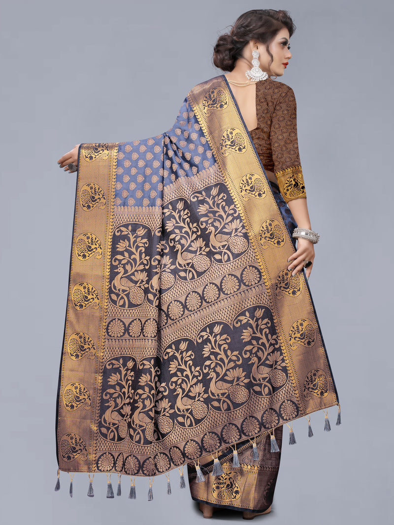 GREY JACQUARD RAW SILK SAREE WITH GOLD JARI BUTTI