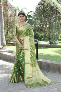 MEHANDI JACQUARD ORGANZA SILK SAREE WITH ANMOL JARI BUTTI