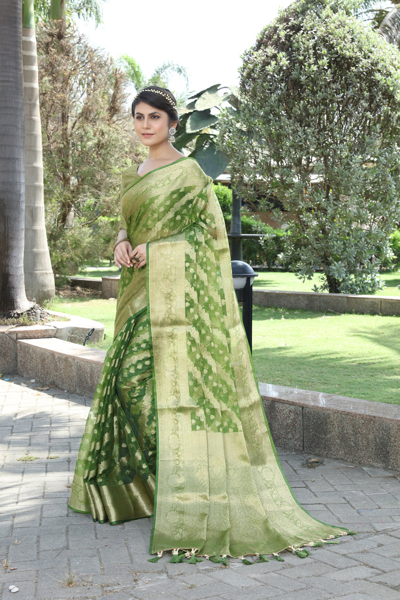 MEHANDI JACQUARD ORGANZA SILK SAREE WITH ANMOL JARI BUTTI