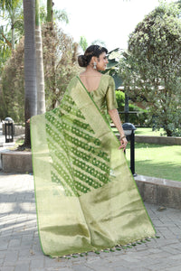 MEHANDI JACQUARD ORGANZA SILK SAREE WITH ANMOL JARI BUTTI