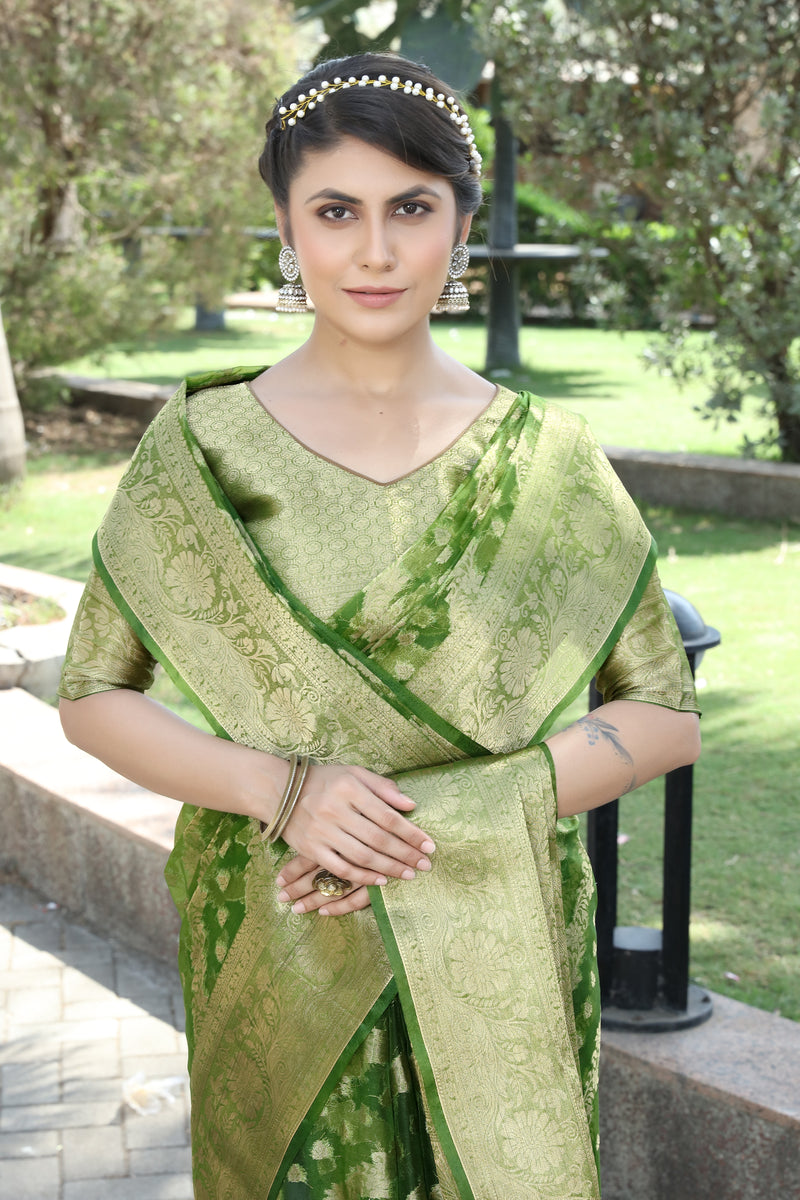 MEHANDI JACQUARD ORGANZA SILK SAREE WITH ANMOL JARI BUTTI