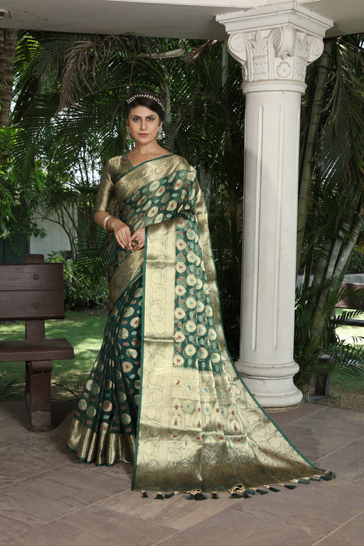 GREEN JACQUARD ORGANZA MENO SILK SAREE WITH JARI BUTTI