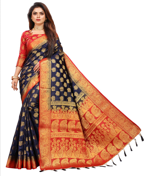 ROYAL BLUE-RED JACQUARD BALATON SILK SAREE WITH GOLD JARI BUTTI