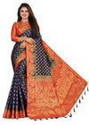 ROYAL BLUE-RED JACQUARD BALATON SILK SAREE WITH GOLD JARI BUTTI