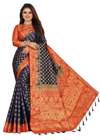 ROYAL BLUE-RED JACQUARD BALATON SILK SAREE WITH GOLD JARI BUTTI