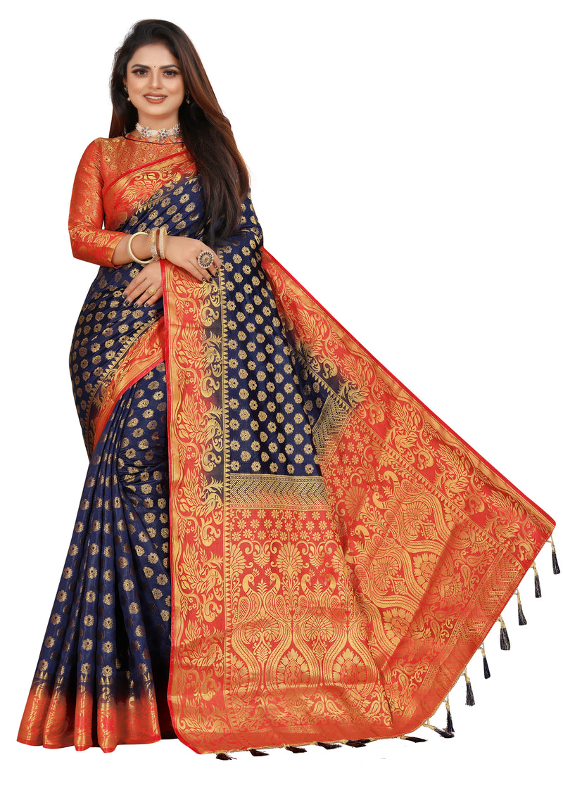 ROYAL BLUE-RED JACQUARD BALATON SILK SAREE WITH GOLD JARI BUTTI