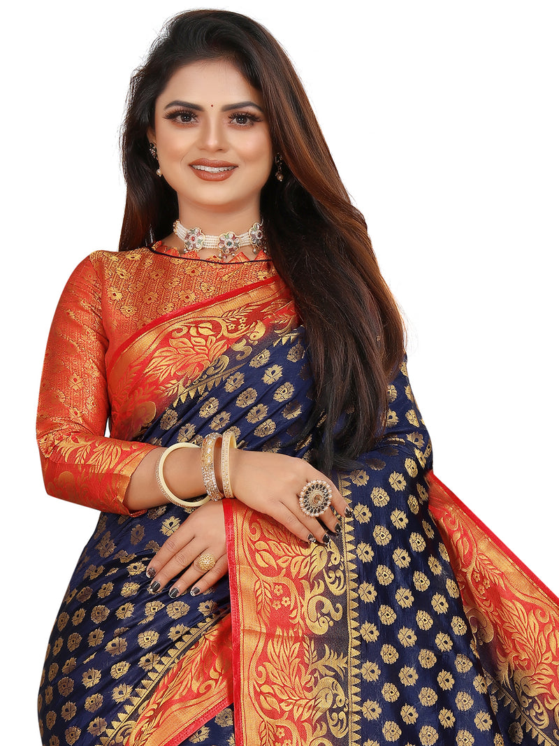 ROYAL BLUE-RED JACQUARD BALATON SILK SAREE WITH GOLD JARI BUTTI