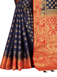 ROYAL BLUE-RED JACQUARD BALATON SILK SAREE WITH GOLD JARI BUTTI
