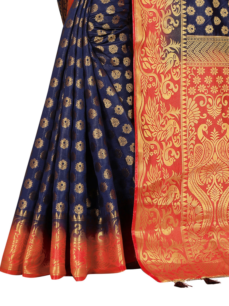 ROYAL BLUE-RED JACQUARD BALATON SILK SAREE WITH GOLD JARI BUTTI