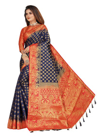 ROYAL BLUE-RED JACQUARD BALATON SILK SAREE WITH GOLD JARI BUTTI