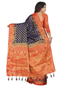 ROYAL BLUE-RED JACQUARD BALATON SILK SAREE WITH GOLD JARI BUTTI