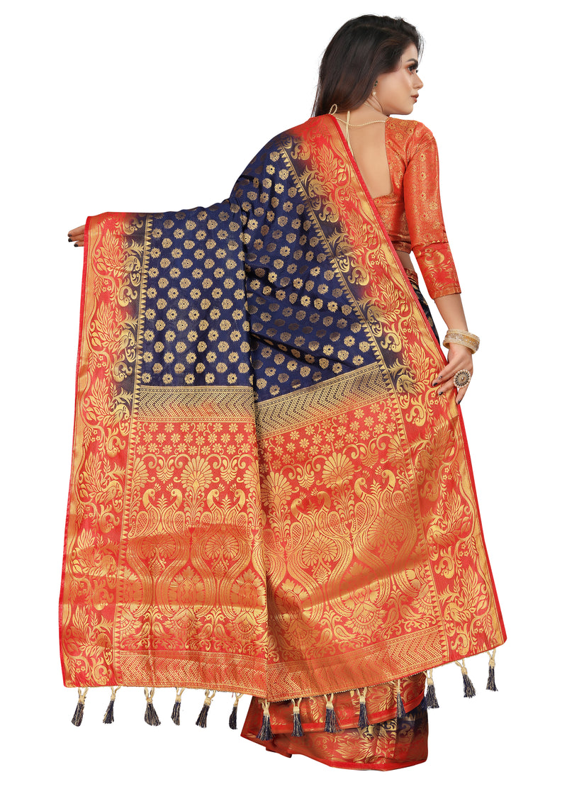 ROYAL BLUE-RED JACQUARD BALATON SILK SAREE WITH GOLD JARI BUTTI