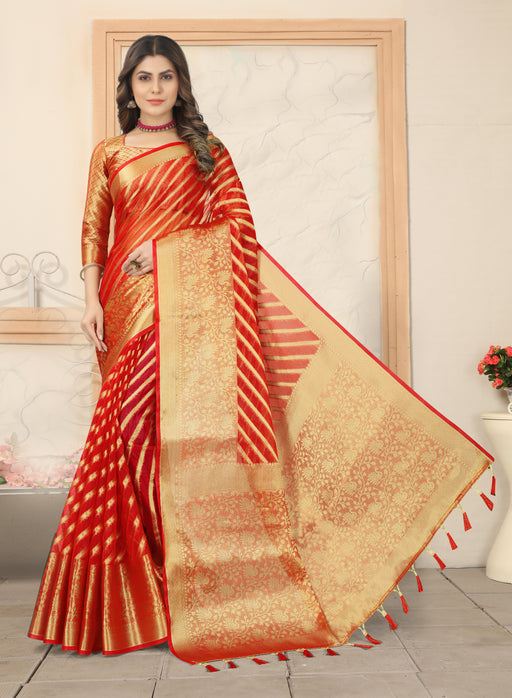 RED JACQUARD ORGANZA SILK SAREE WITH ANMOL JARI BUTTI