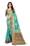 SKY-NAVY BLUE JACQUARD BALATON SILK SAREE WITH GOLD JARI BUTTI