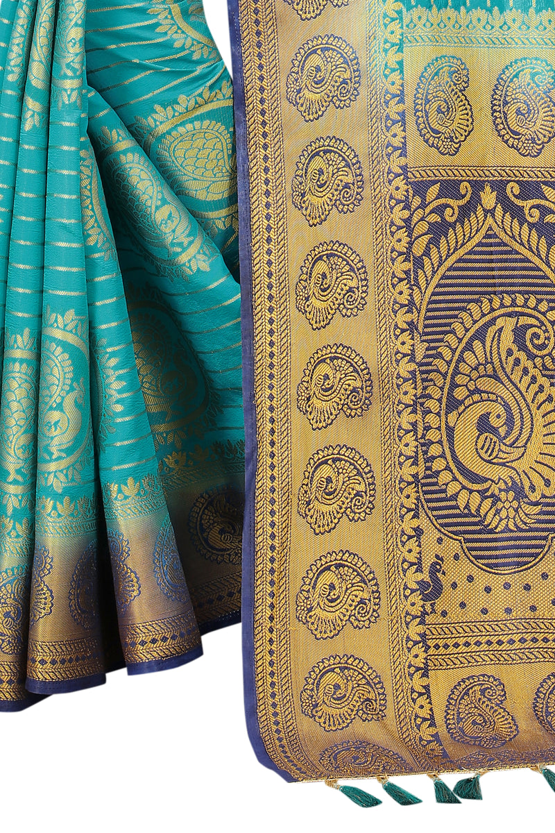 SKY-NAVY BLUE JACQUARD BALATON SILK SAREE WITH GOLD JARI BUTTI