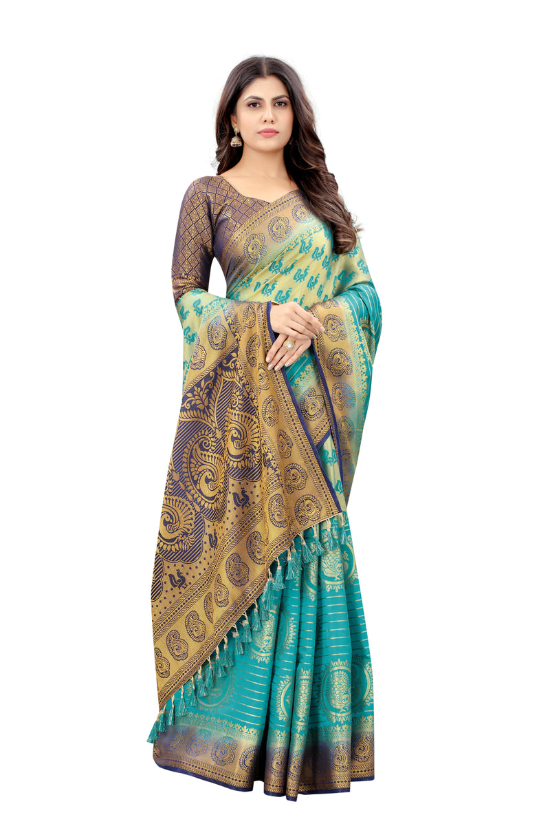 SKY-NAVY BLUE JACQUARD BALATON SILK SAREE WITH GOLD JARI BUTTI