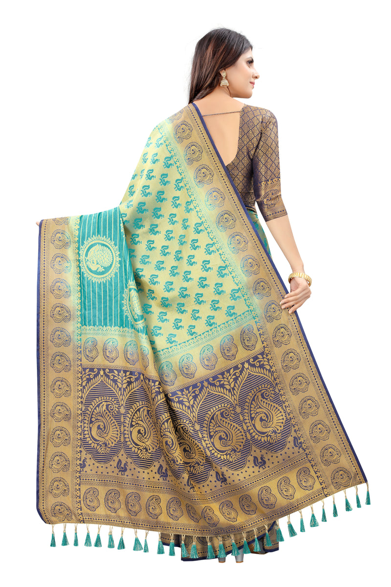 SKY-NAVY BLUE JACQUARD BALATON SILK SAREE WITH GOLD JARI BUTTI