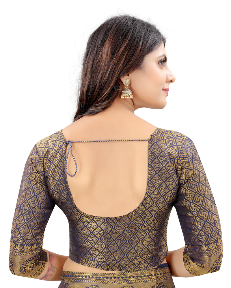 SKY-NAVY BLUE JACQUARD BALATON SILK SAREE WITH GOLD JARI BUTTI