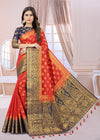 RED-NAVY BLUE JACQUARD BALATON SILK SAREE WITH GOLD JARI BUTTI
