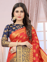 RED-NAVY BLUE JACQUARD BALATON SILK SAREE WITH GOLD JARI BUTTI