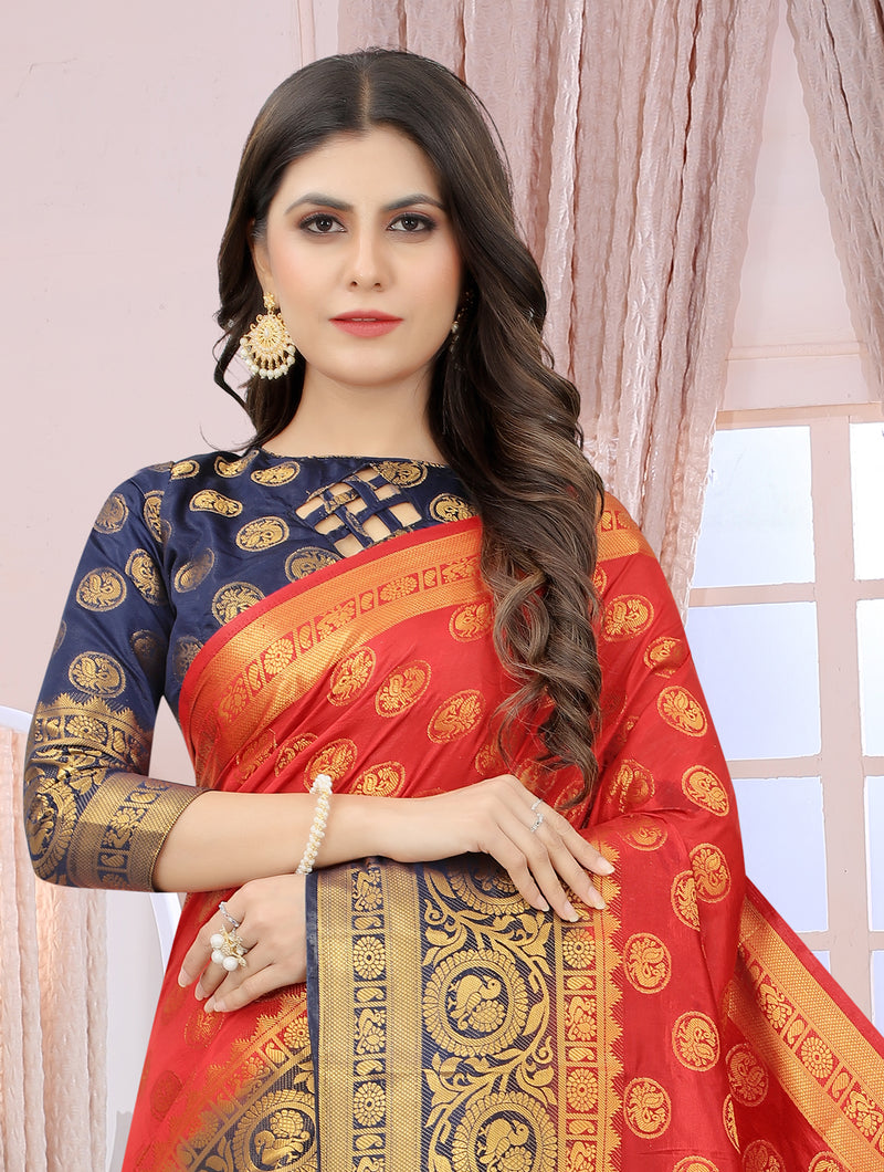 RED-NAVY BLUE JACQUARD BALATON SILK SAREE WITH GOLD JARI BUTTI
