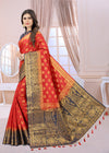 RED-NAVY BLUE JACQUARD BALATON SILK SAREE WITH GOLD JARI BUTTI