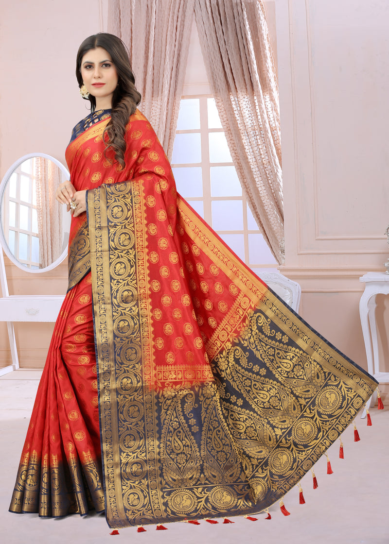 RED-NAVY BLUE JACQUARD BALATON SILK SAREE WITH GOLD JARI BUTTI