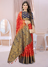 RED-NAVY BLUE JACQUARD BALATON SILK SAREE WITH GOLD JARI BUTTI