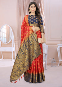 RED-NAVY BLUE JACQUARD BALATON SILK SAREE WITH GOLD JARI BUTTI