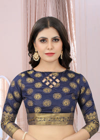 RED-NAVY BLUE JACQUARD BALATON SILK SAREE WITH GOLD JARI BUTTI