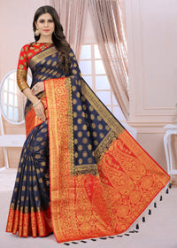 ROYAL BLUE-RED JACQUARD BALATON SILK SAREE WITH GOLD JARI BUTTI