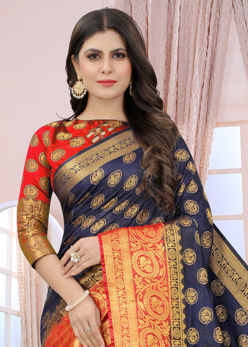 ROYAL BLUE-RED JACQUARD BALATON SILK SAREE WITH GOLD JARI BUTTI