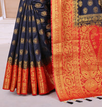 ROYAL BLUE-RED JACQUARD BALATON SILK SAREE WITH GOLD JARI BUTTI