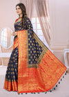ROYAL BLUE-RED JACQUARD BALATON SILK SAREE WITH GOLD JARI BUTTI