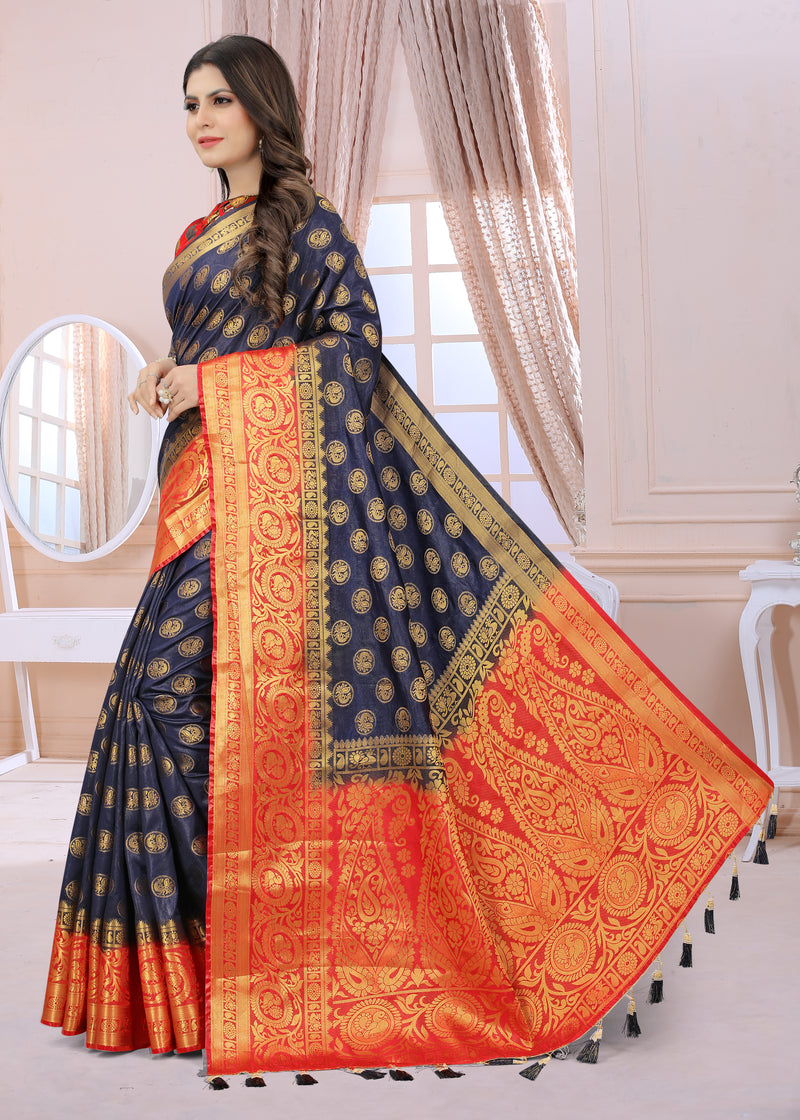 ROYAL BLUE-RED JACQUARD BALATON SILK SAREE WITH GOLD JARI BUTTI
