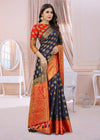 ROYAL BLUE-RED JACQUARD BALATON SILK SAREE WITH GOLD JARI BUTTI