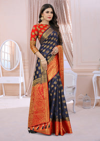 ROYAL BLUE-RED JACQUARD BALATON SILK SAREE WITH GOLD JARI BUTTI