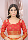 ROYAL BLUE-RED JACQUARD BALATON SILK SAREE WITH GOLD JARI BUTTI