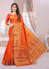 RUST-RED JACQUARD BALATON SILK SAREE WITH GOLD JARI BUTTI