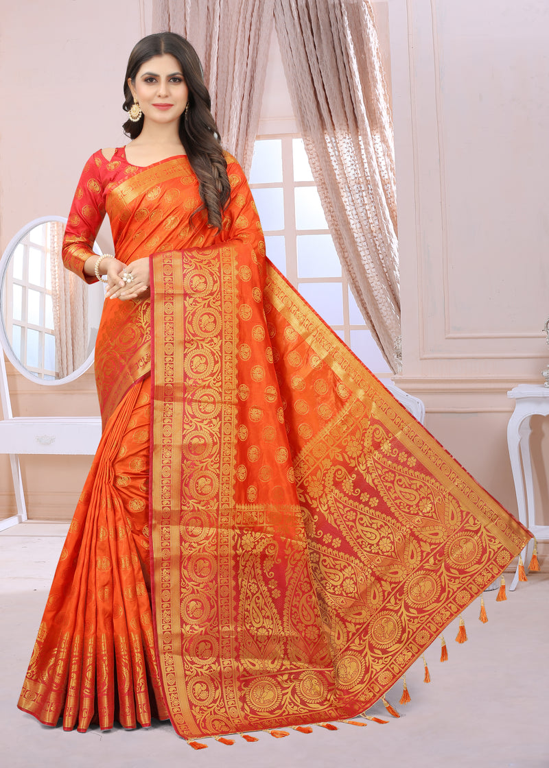 RUST-RED JACQUARD BALATON SILK SAREE WITH GOLD JARI BUTTI