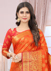 RUST-RED JACQUARD BALATON SILK SAREE WITH GOLD JARI BUTTI
