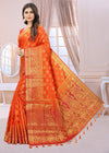 RUST-RED JACQUARD BALATON SILK SAREE WITH GOLD JARI BUTTI